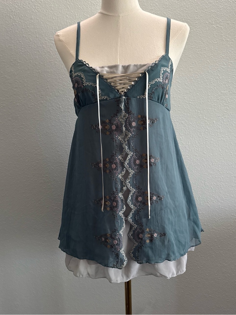 Y2K Fairycore Embroidered Chiffon Babydoll Top Lace Up Front Teal Blue Size M